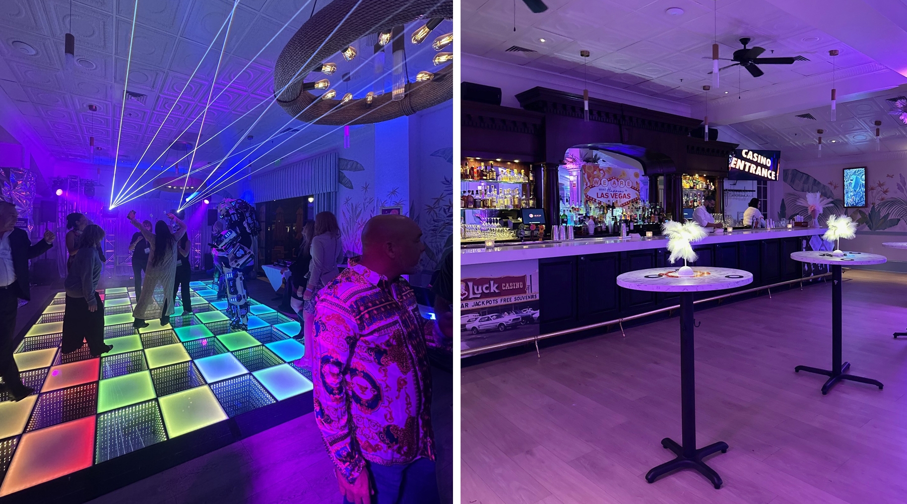 Dance floor and tall tables in room