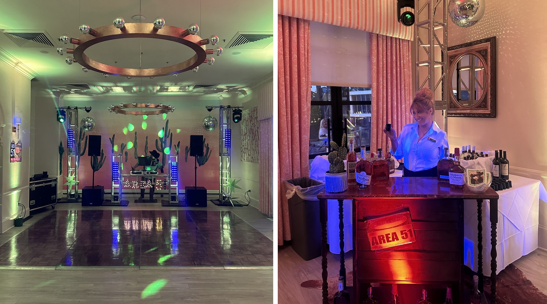 Dance floor in event room and bar attendant