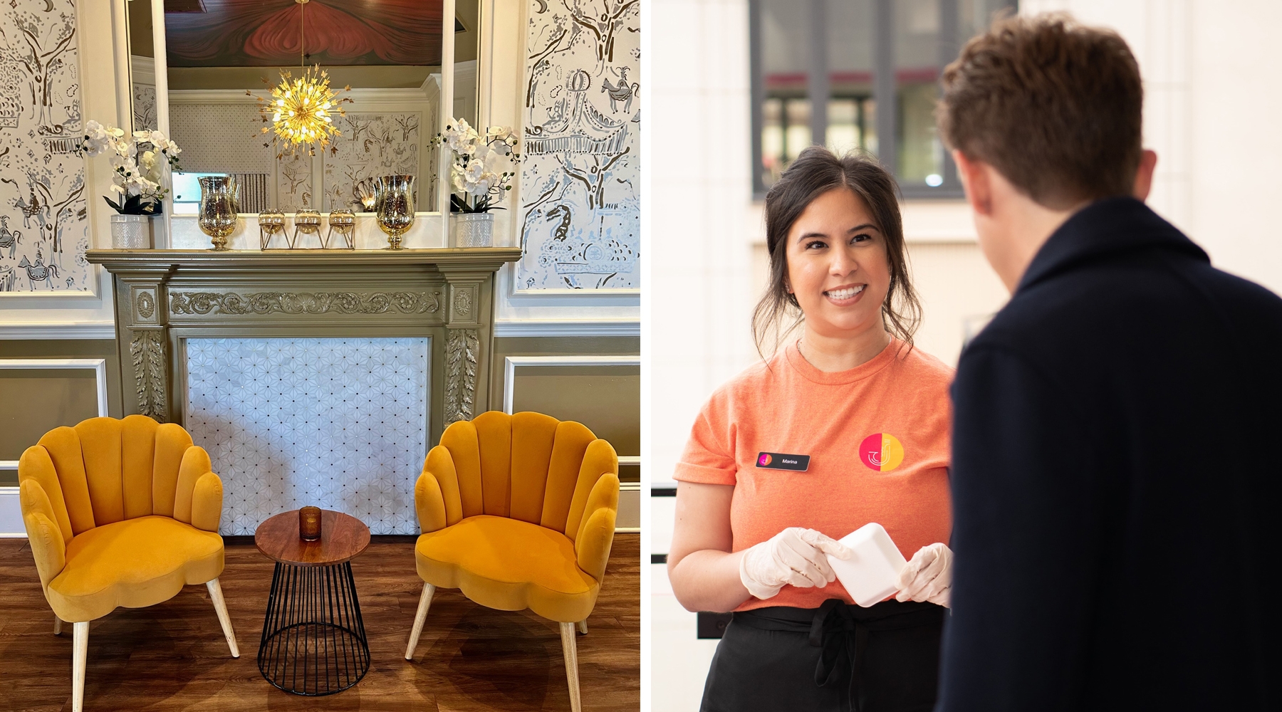 Sitting chairs near fireplace to two employees