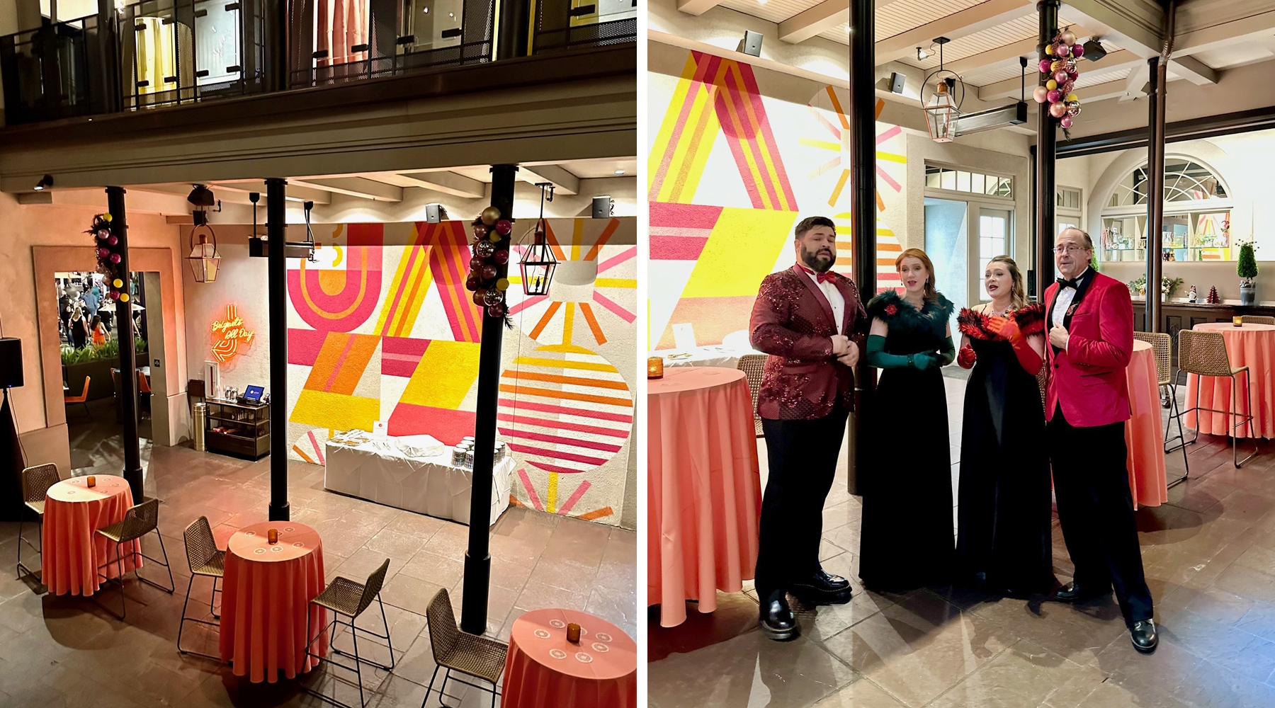 Two photos of event room with chairs, tables and a singing quartet
