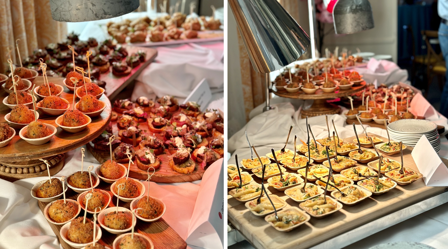 Two photos of food trays of hors d'oeuvres 