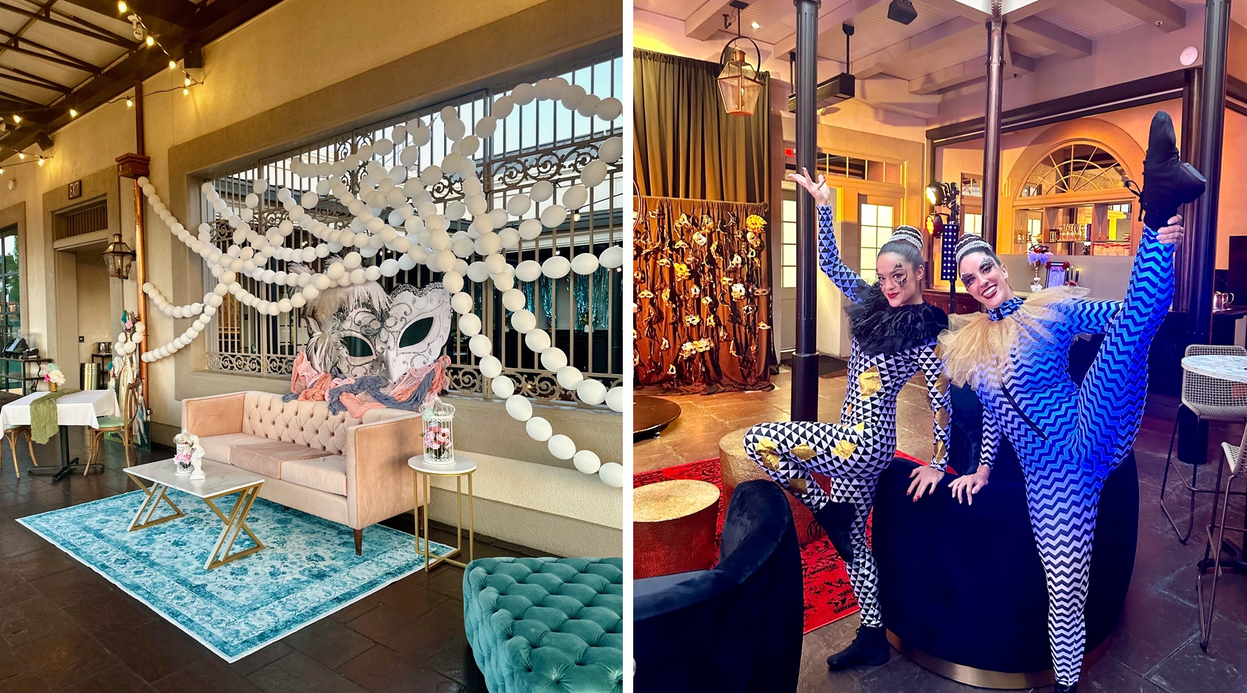 Festive chair settings and two dancers in event room