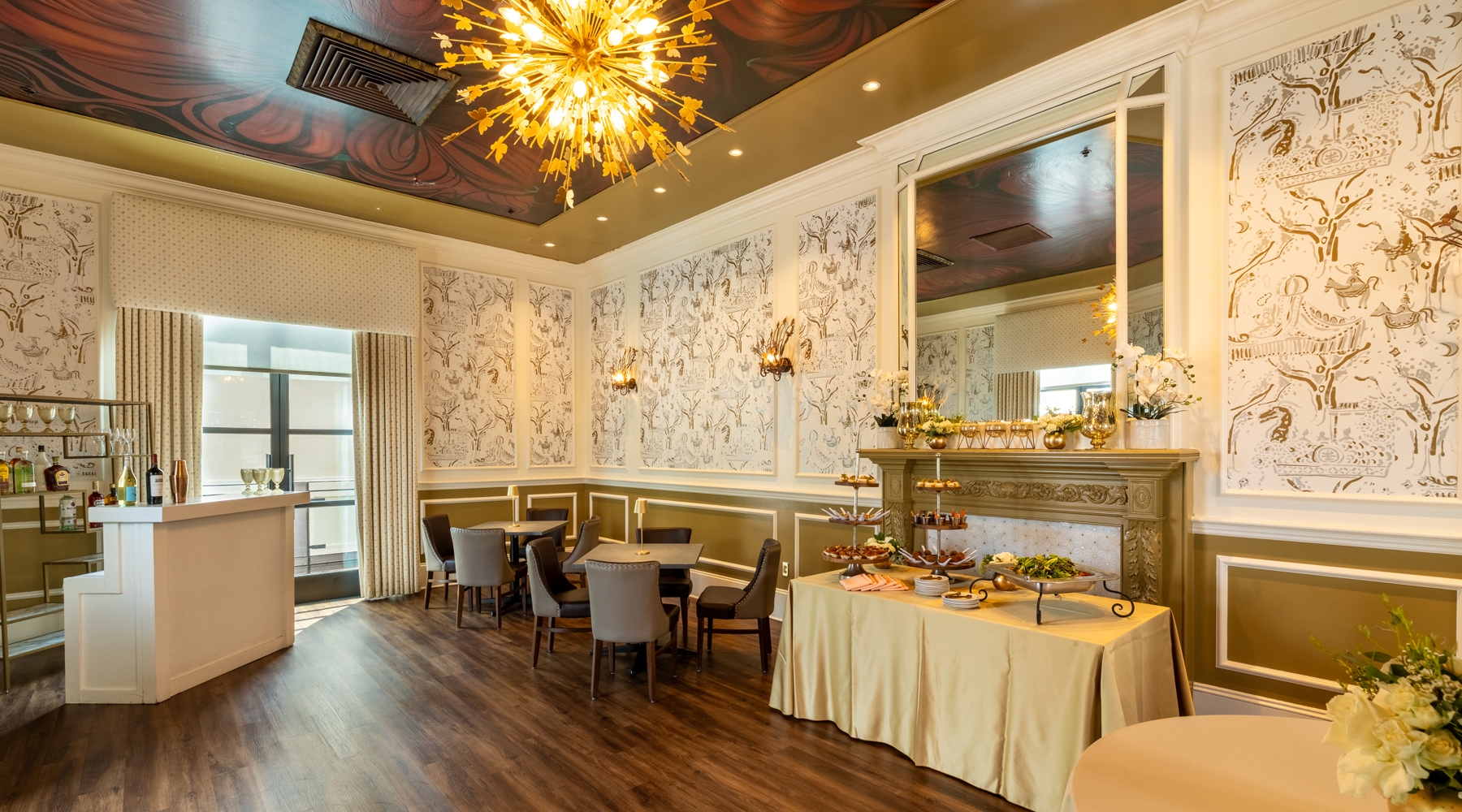 Tables and seating area in event room
