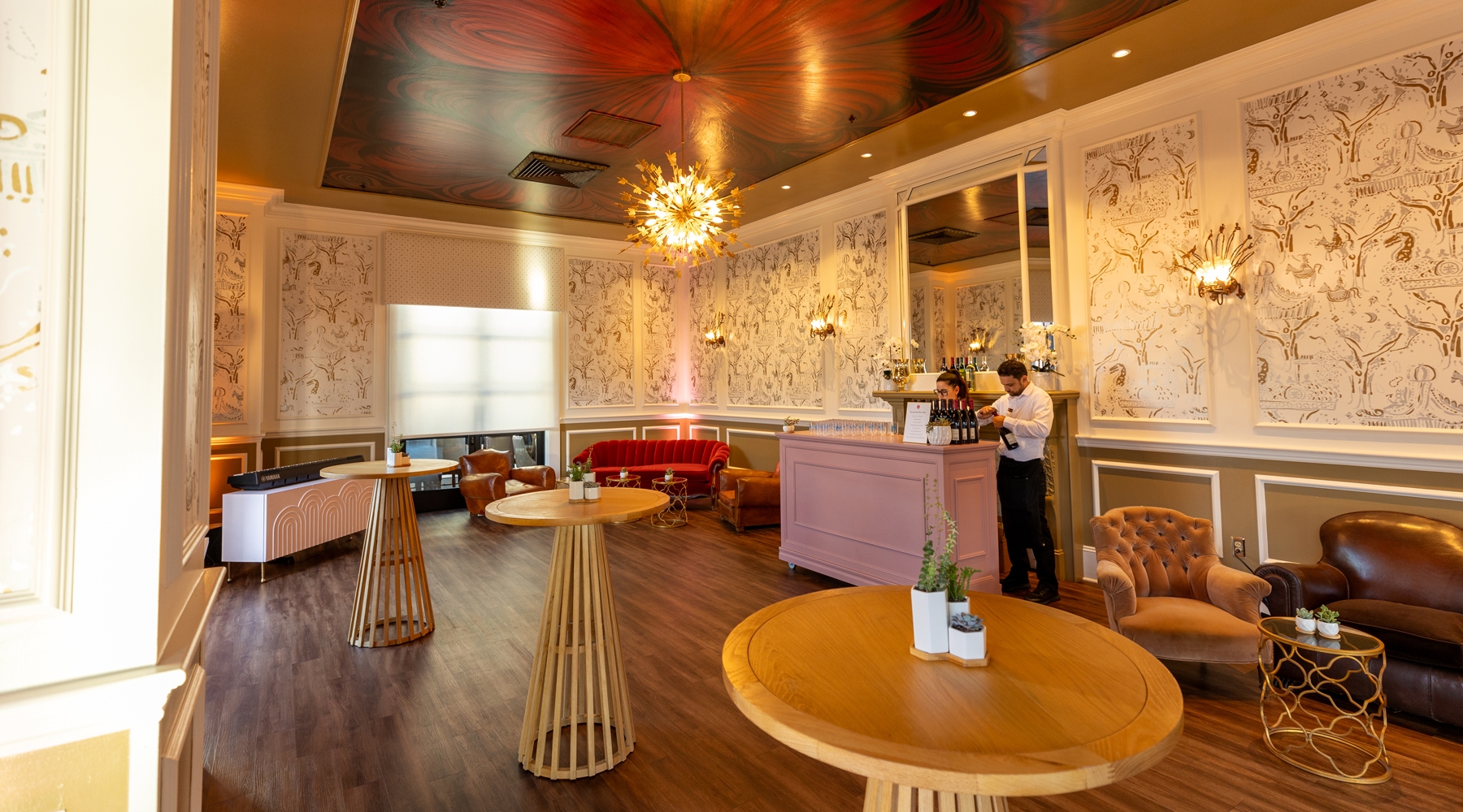 Tables and seating area in event room