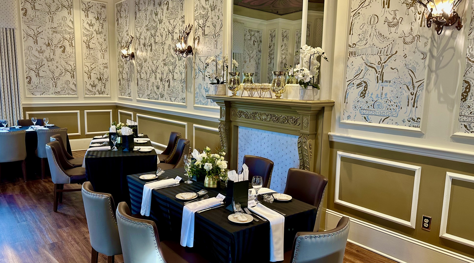 Tables and seating area in event room