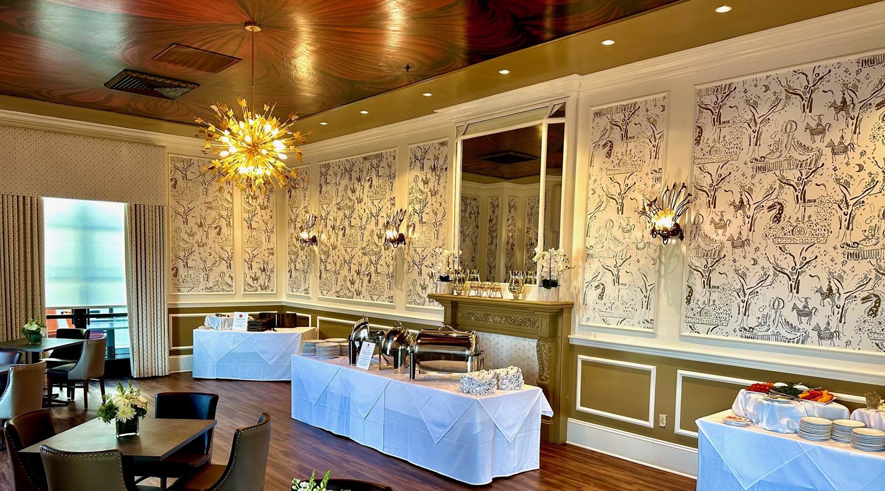 Tables and seating area in event room