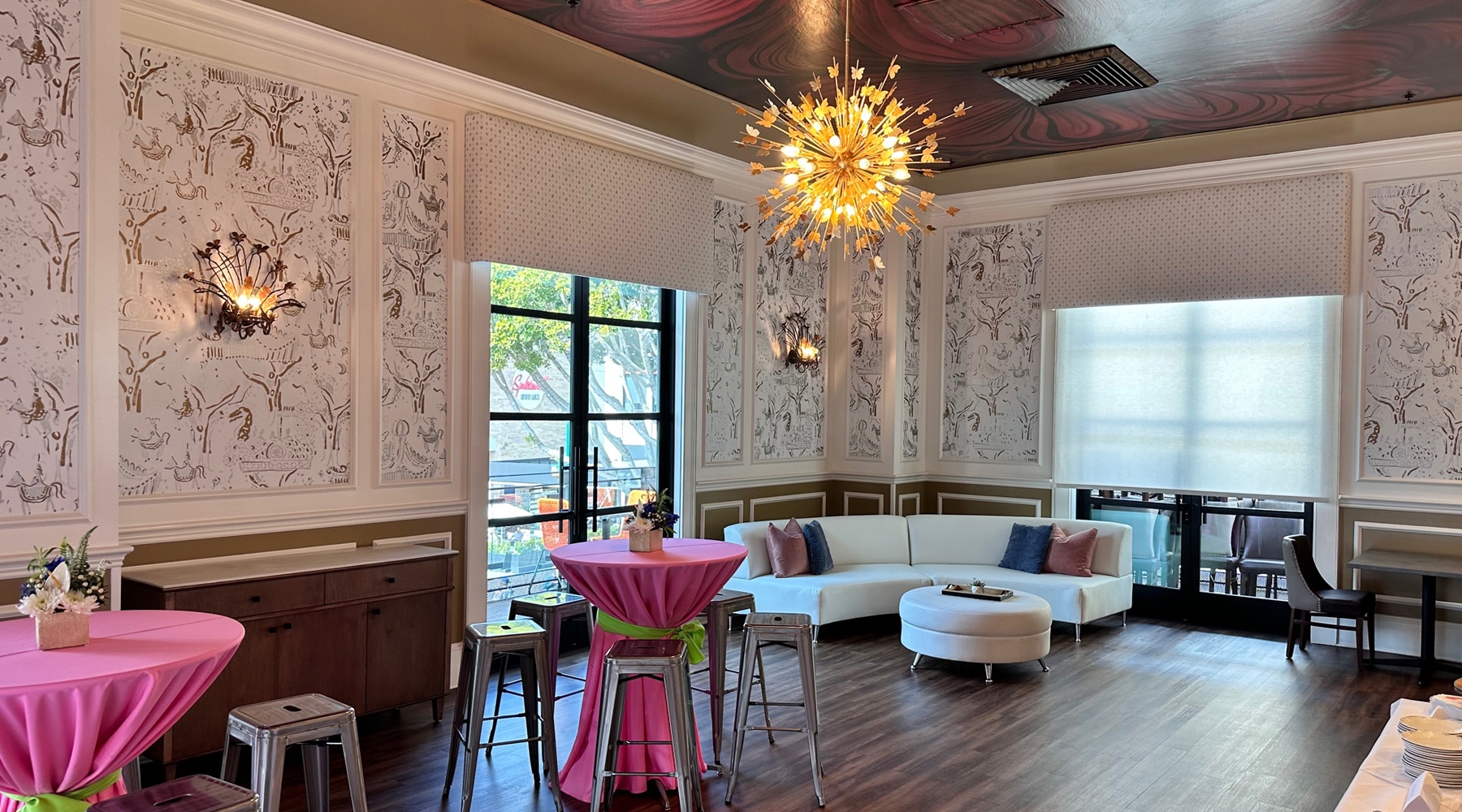 Tables and seating area in event room