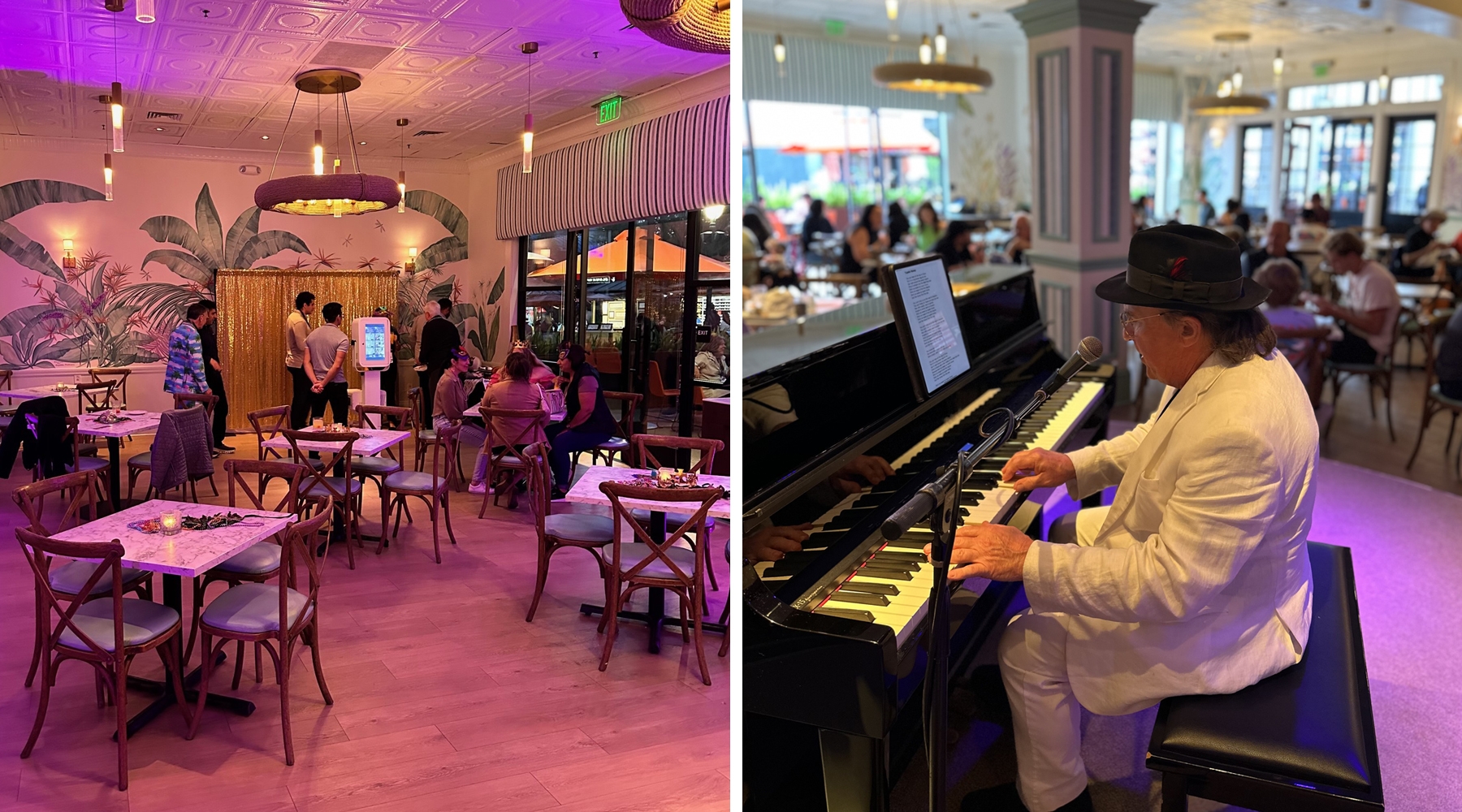 Seating area in bar and man at piano