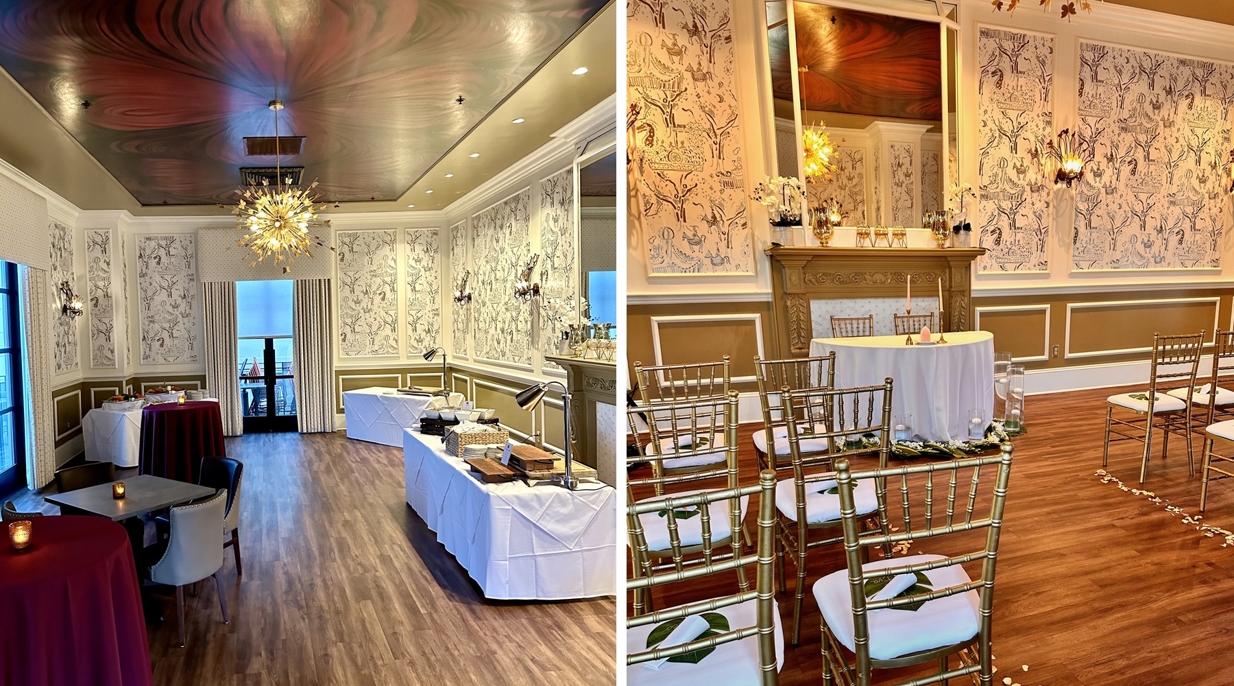 Two photos of tables and seating area in event room