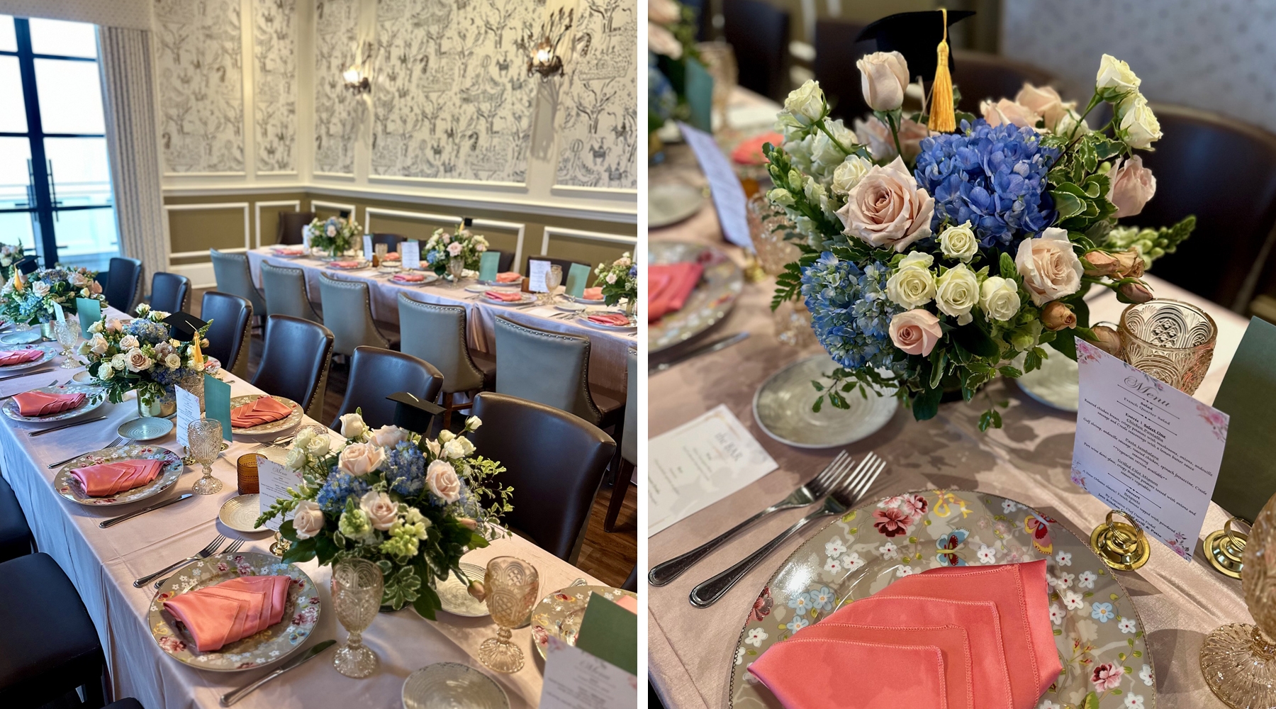 Long tables and flower arrangements in area in event room