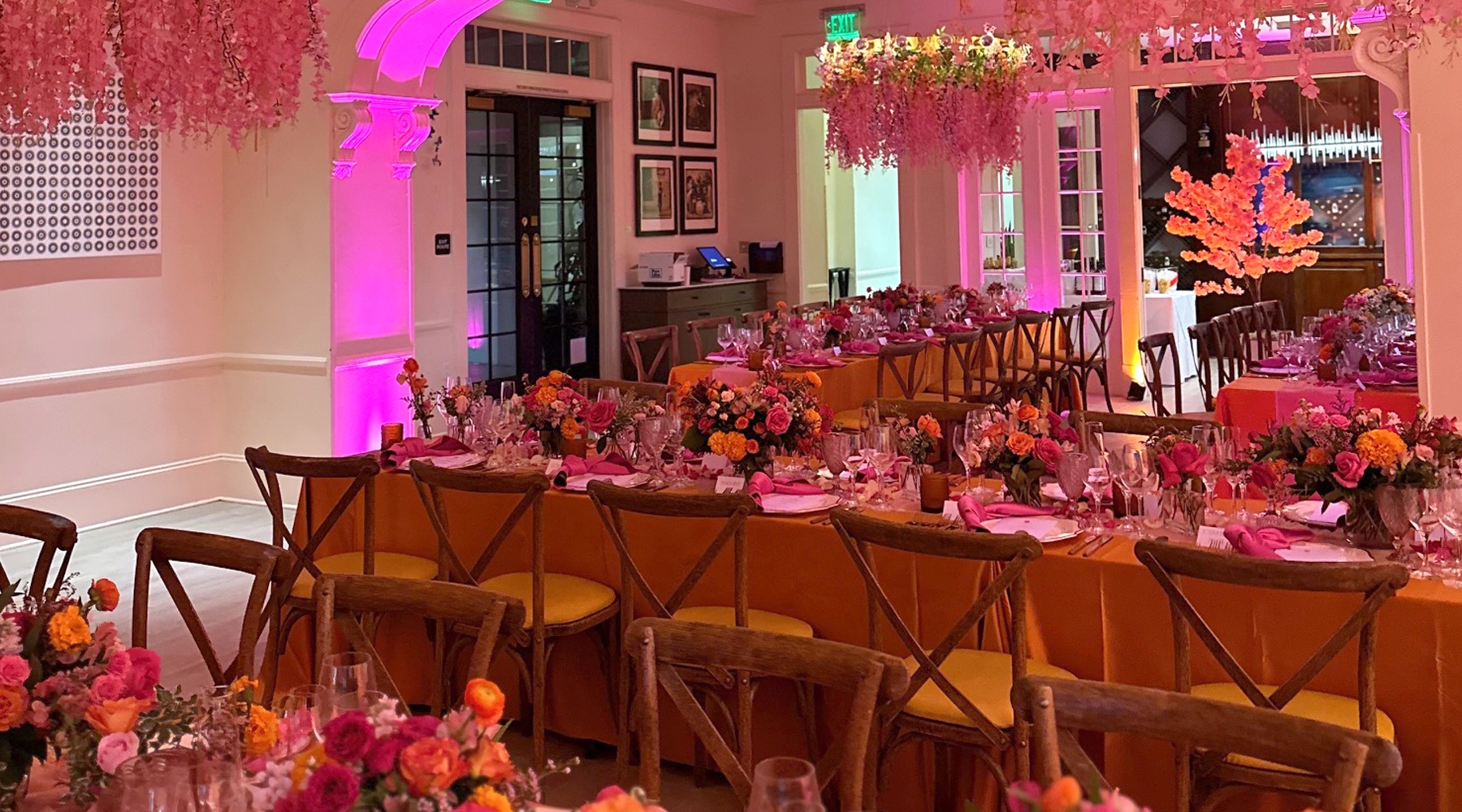 Tables and seating area in event room
