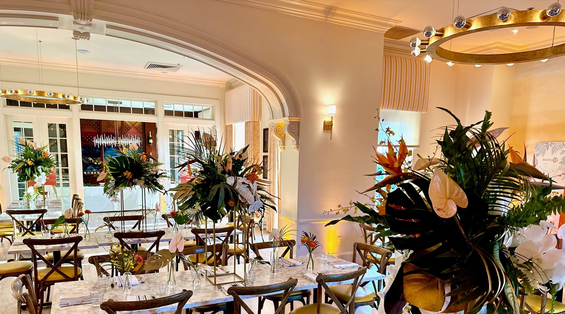 Tables and seating area in event room