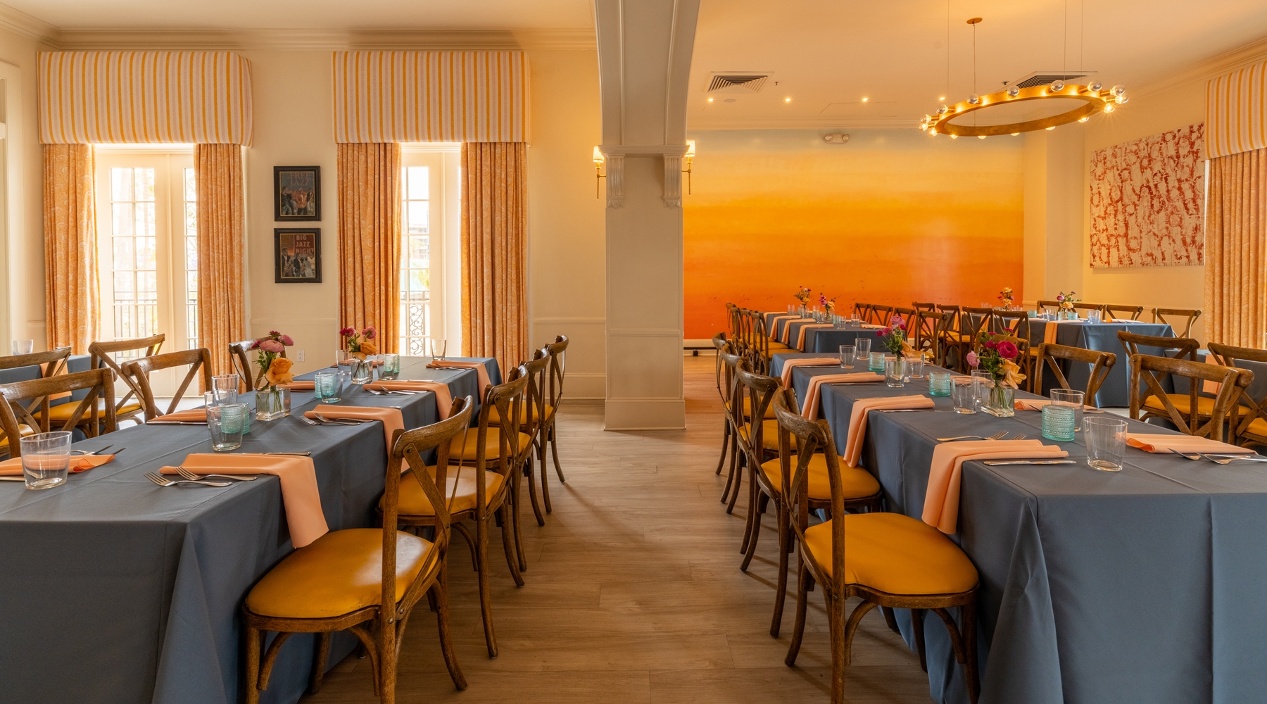 Tables and seating area in event room