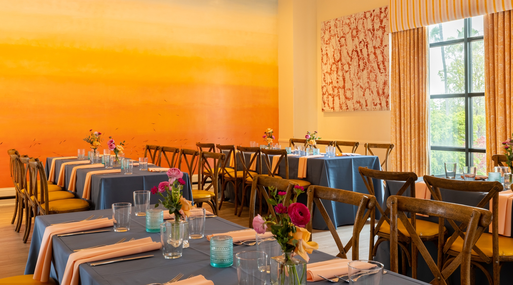 Tables and seating area in event room