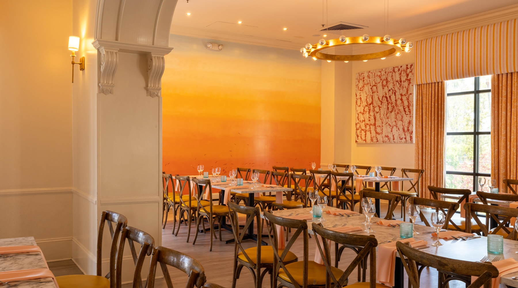 Tables and seating area in event room