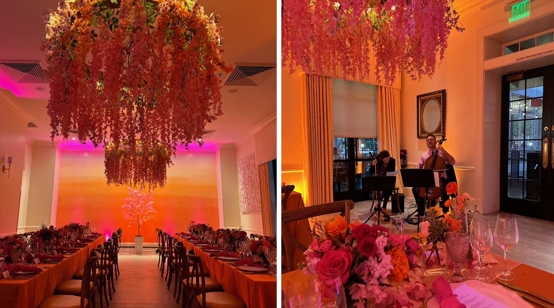 Two photos of long tables and seating area in event room