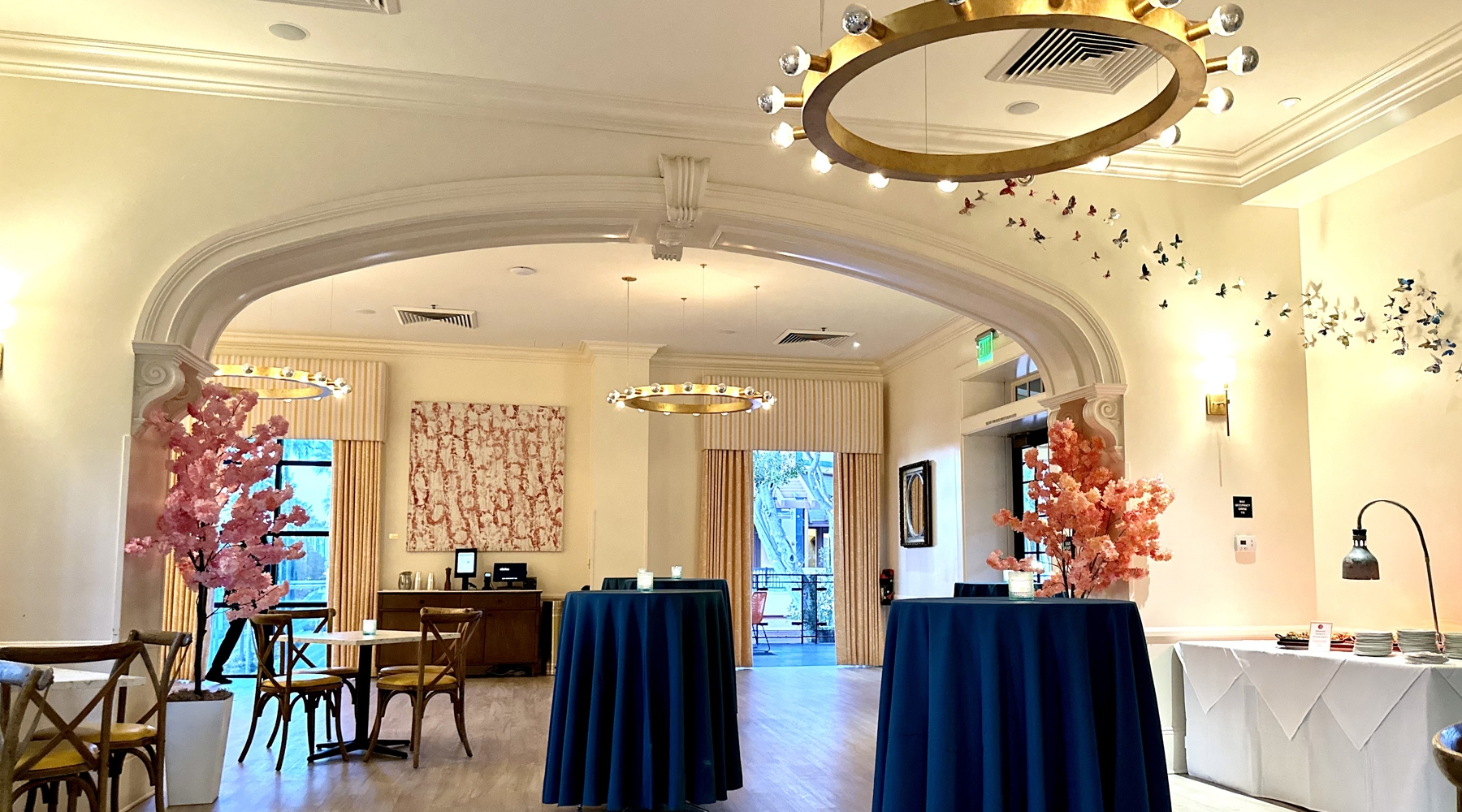 Tables and seating area in event room