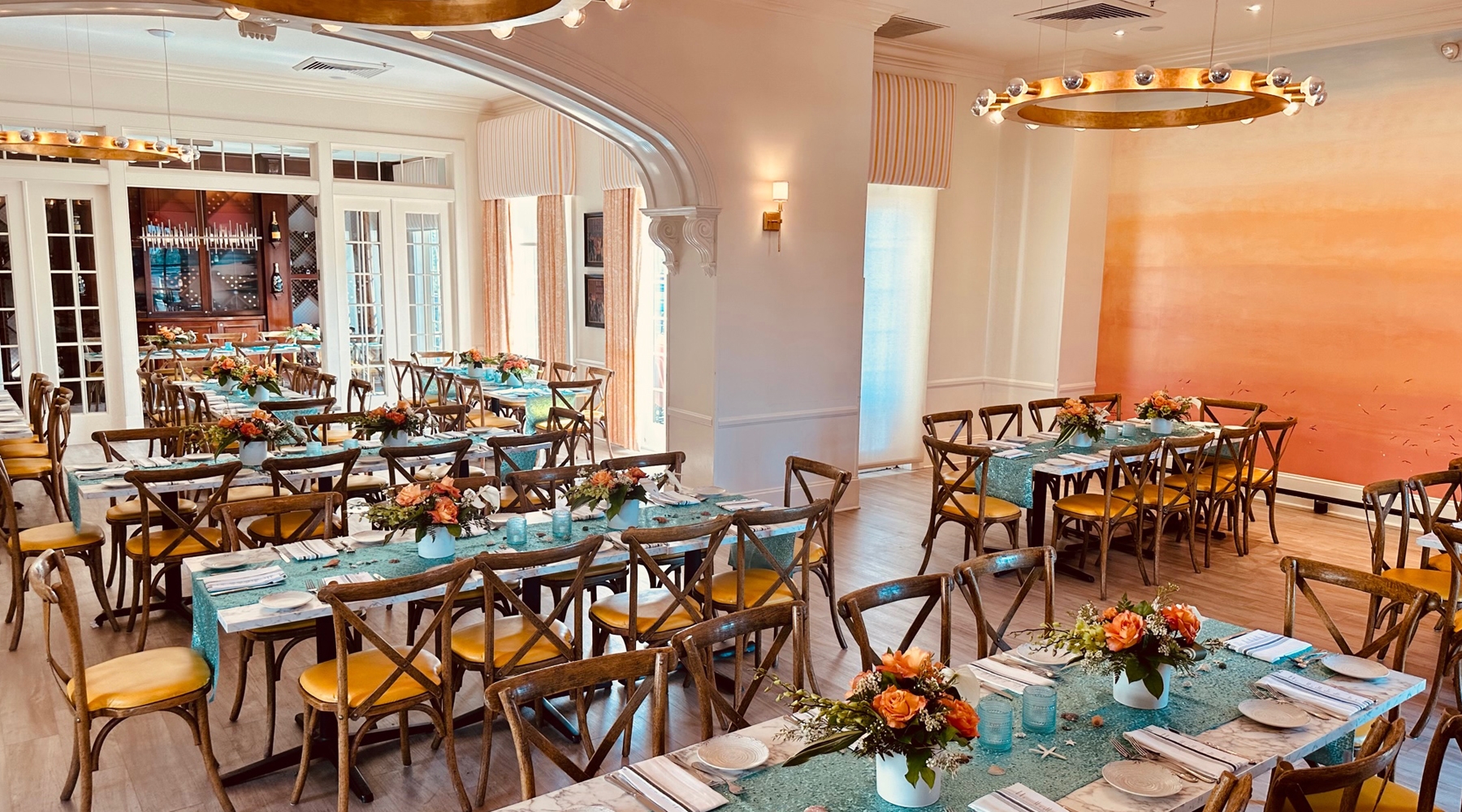 Tables and seating area in event room