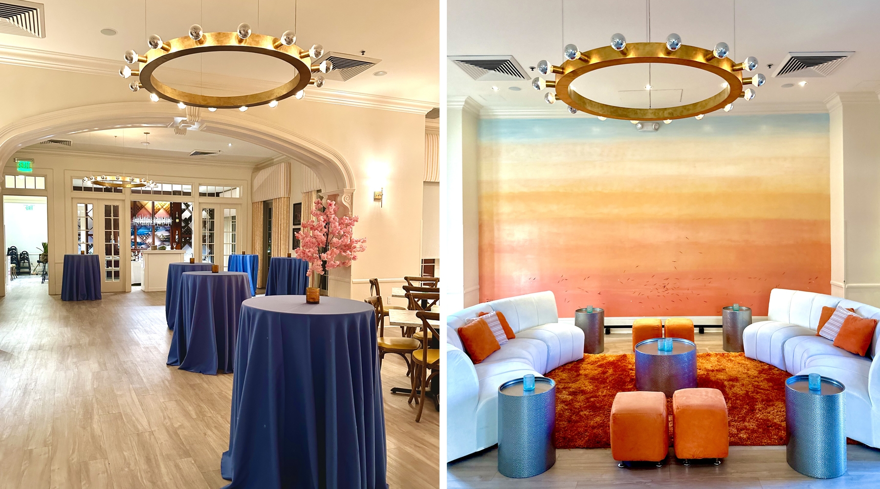 Two photos of tables and seating area in event room