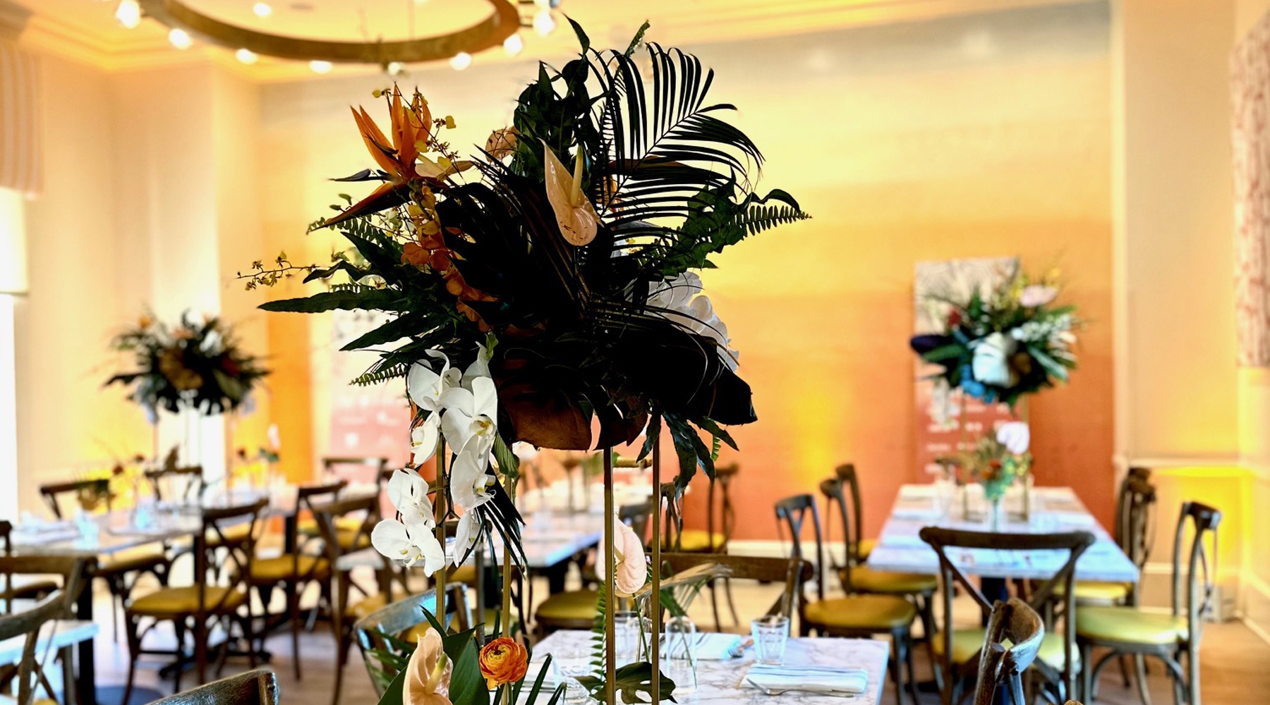 Tables and seating area in event room