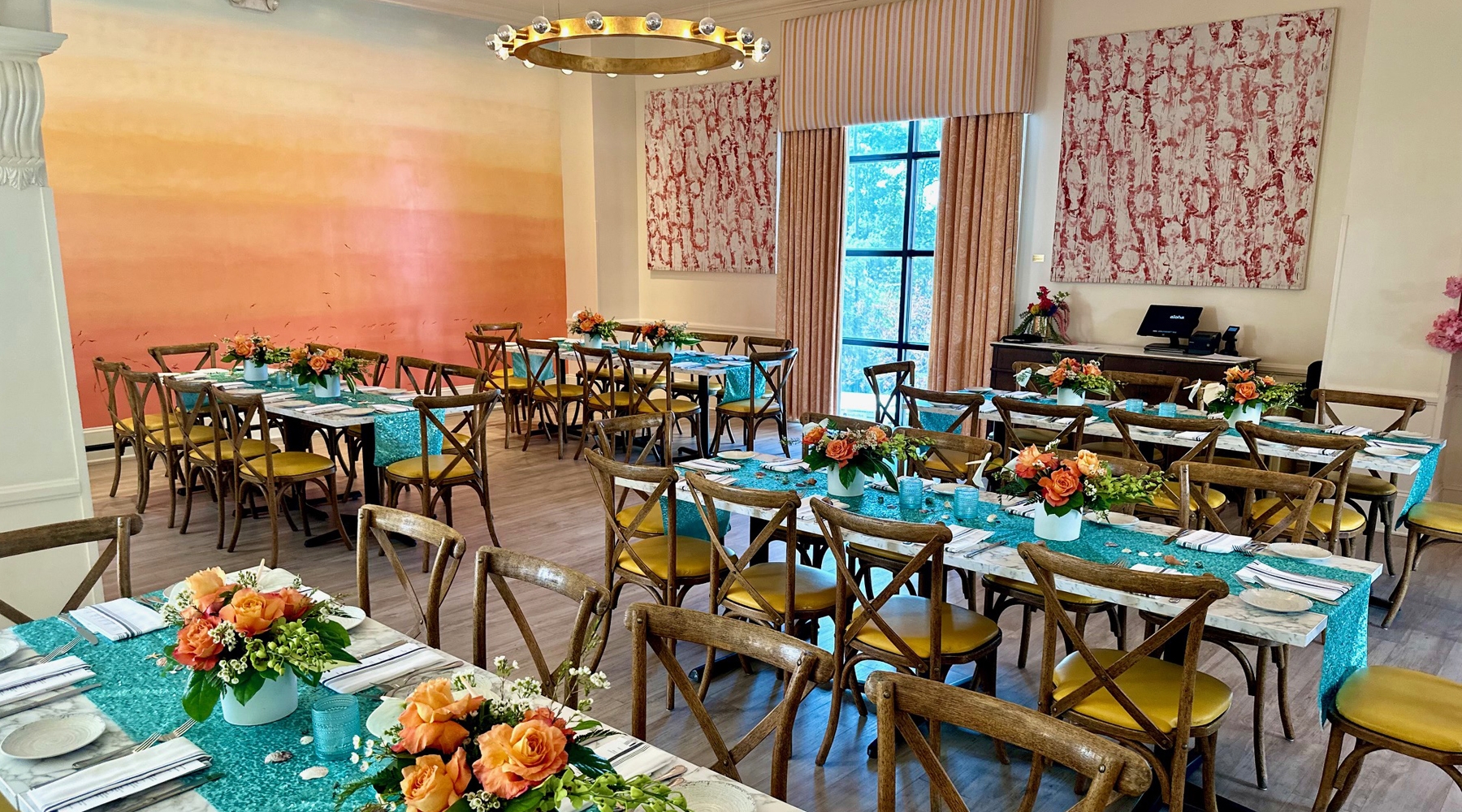 Tables and seating area in event room