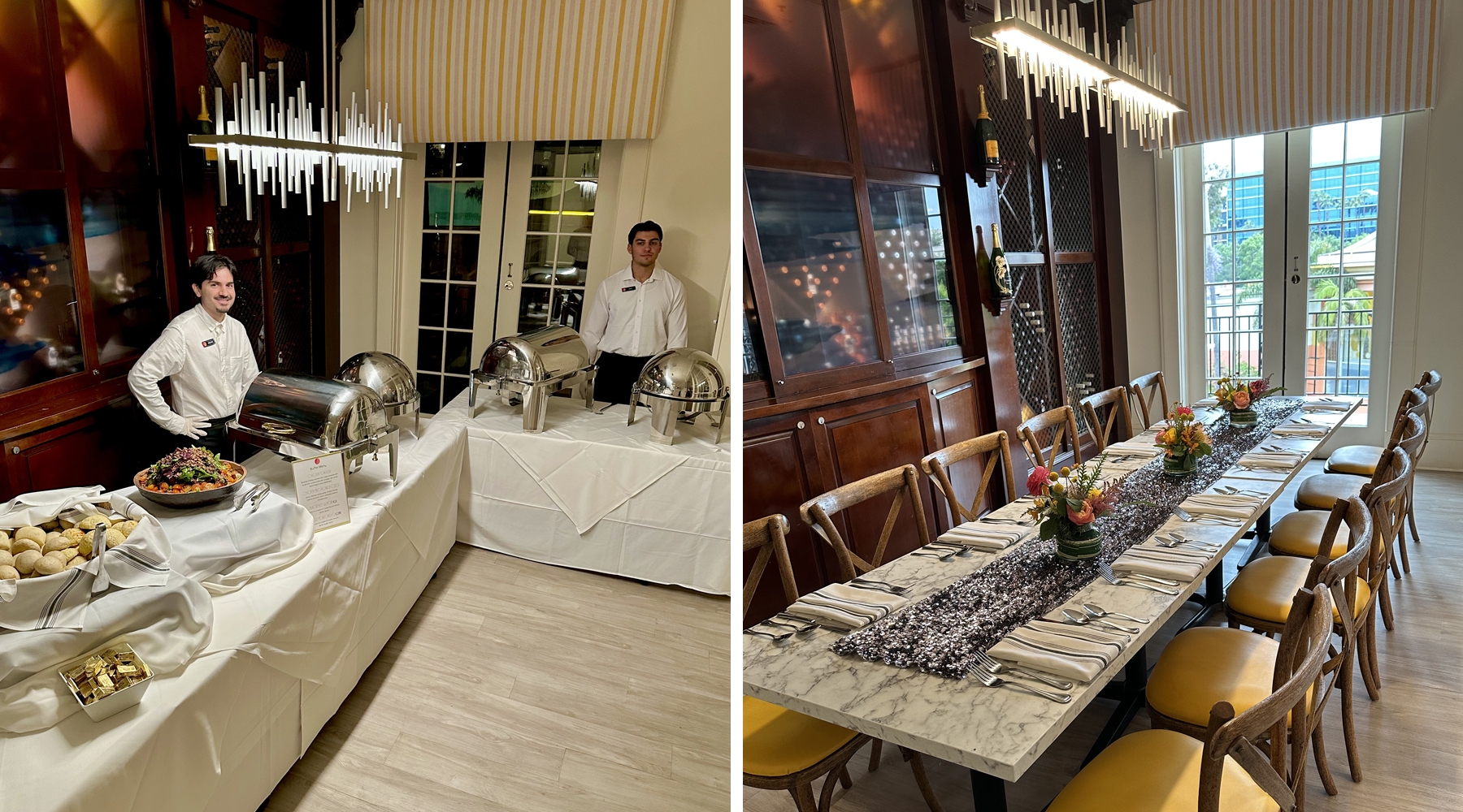 Two photos of attendants at event with tables and food